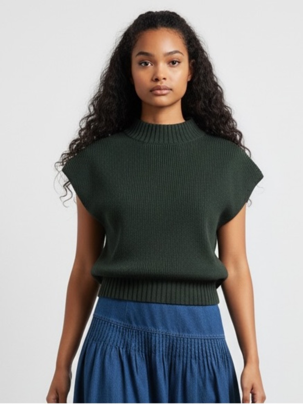 1589 • Forest Cotton Blend Rib-Knit Mock Neck Sleeveless Sweater Top